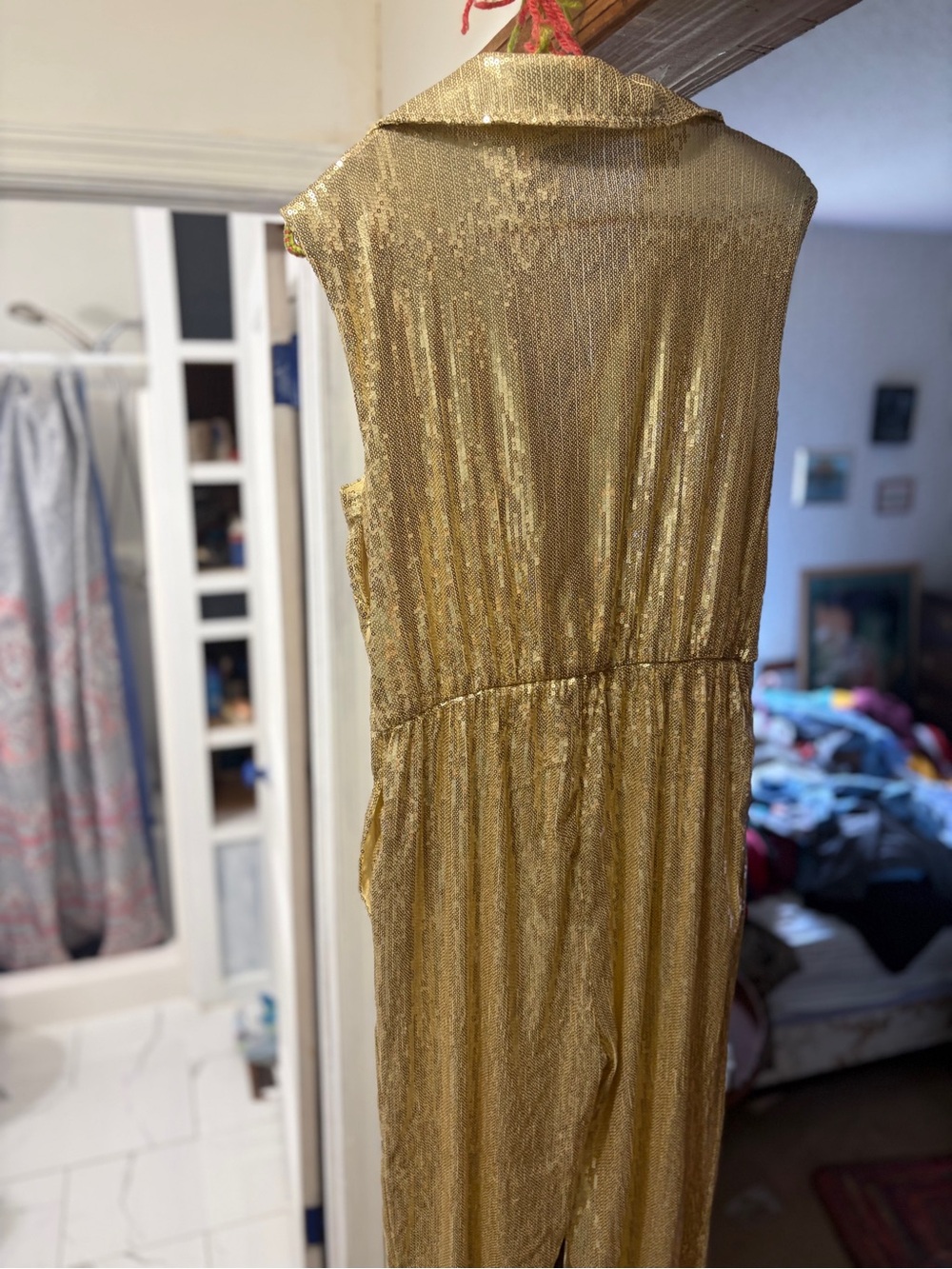 VENUS Gold Sequin Lapel Wrap Jumpsuit Small - Hoco Holiday Formal Like New - Picture 5 of 10